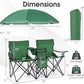 Goplus Double Camping Chair with Umbrella, Folding Loveseat Chairs w/Canopy Shade, Carrying Bag, Table, Cup Holder, Portable Beach Chairs Outdoor Picnic Patio (Green)