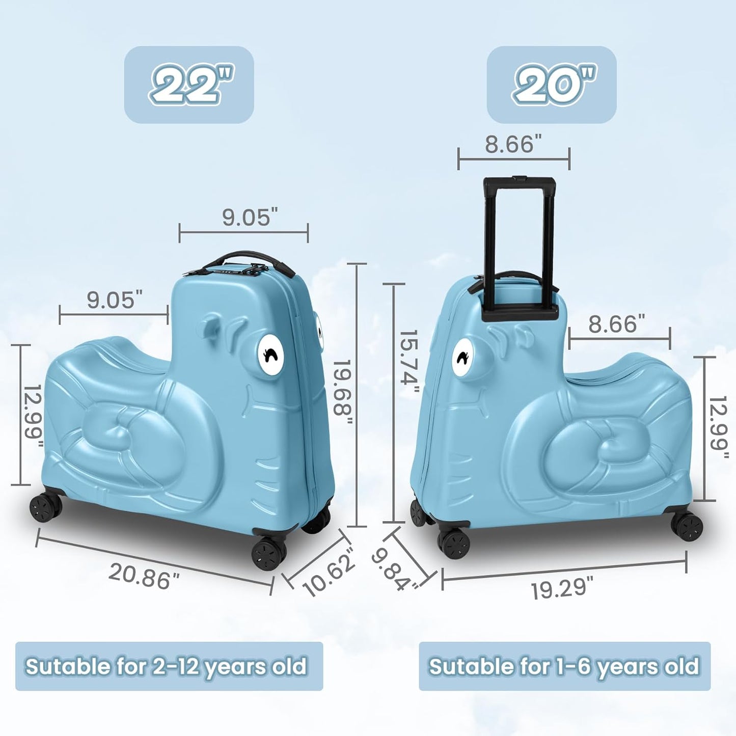 Kids Luggage, Kids Ride-on Luggage with Spinner Wheels Suitcase, Kid's Ride-On Suitcase Help Your Child Relax, Carry On Trolley Luggage with Password Lock (Blue, 19 inches), QX-20