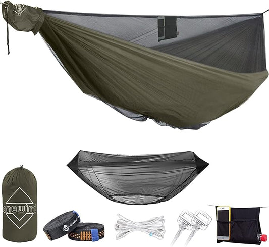 onewind 12Ft Camping Hammock with Mosquito Net, Ridgeline Double Hammock Portable Lightweight Large Hammock Ripstop Nylon Durable with 2 * 12Ft Tree Straps for Camping Hiking Backpacking, OD Green