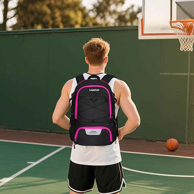 LARIPOP Basketball Bag, Sports Backpack with Ball Holder & Shoe Compartment, Water Resistant Gym Bag for Soccer Volleyball Travel