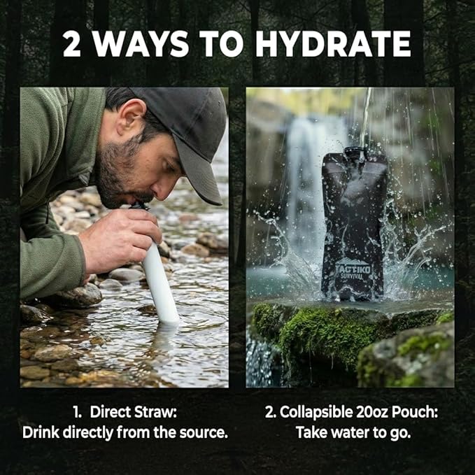 Tactiko Survival 20oz/600ml Purifying Water Bottle Filter Kit - Filter 265 Gal. Water from Rivers, Lakes & Streams - SGS Certified - UF Membrane, Activated Carbon - Camping, Hiking, Emergency (Black)