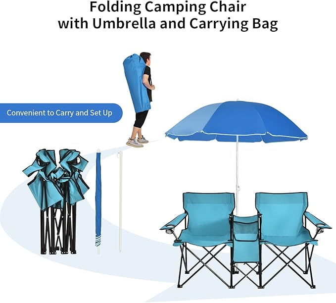 Goplus Double Camping Chair with Umbrella, Folding Loveseat Chairs w/Canopy Shade, Carrying Bag, Table, Cup Holder, Portable Beach Chairs Outdoor Picnic Patio (Turquoise)