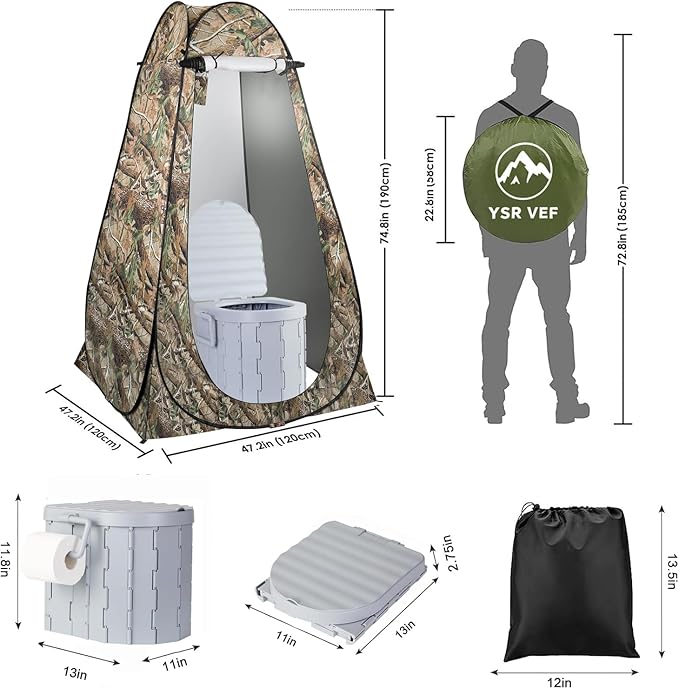 Portable Toilet Kit, Camping Toilet with Pop-Up Privacy Tent and Poo Gel Toilet Bags, Washable Portable Outdoor Showers Changing Rooms