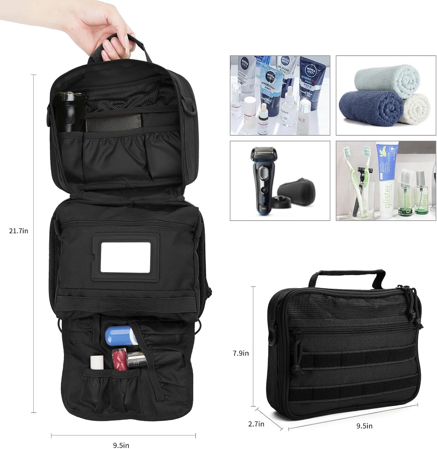 Travel Toiletry Bag for Men,Hanging Hook Toiletry Bag, Spacious Portable Organizer Dopp Kit Shaving Bag for Toiletries Makeup Accessories Tactical Essentials - Black - Roamly