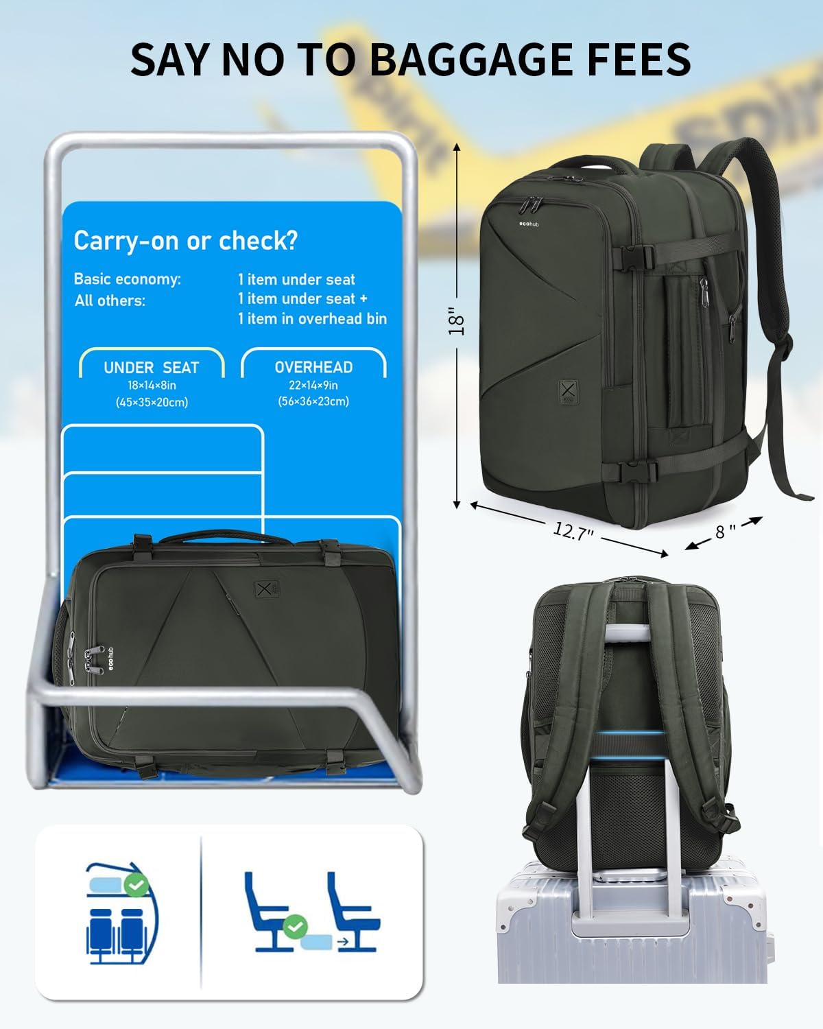 ECOHUB 30L Carry on Travel Backpack for Men Women 18x14x8, 17 inch Expandable Airlines Personal Item Bag Water Resistant Laptop Backpack Flight Approved with USB Slot & Wet Pocket, Green