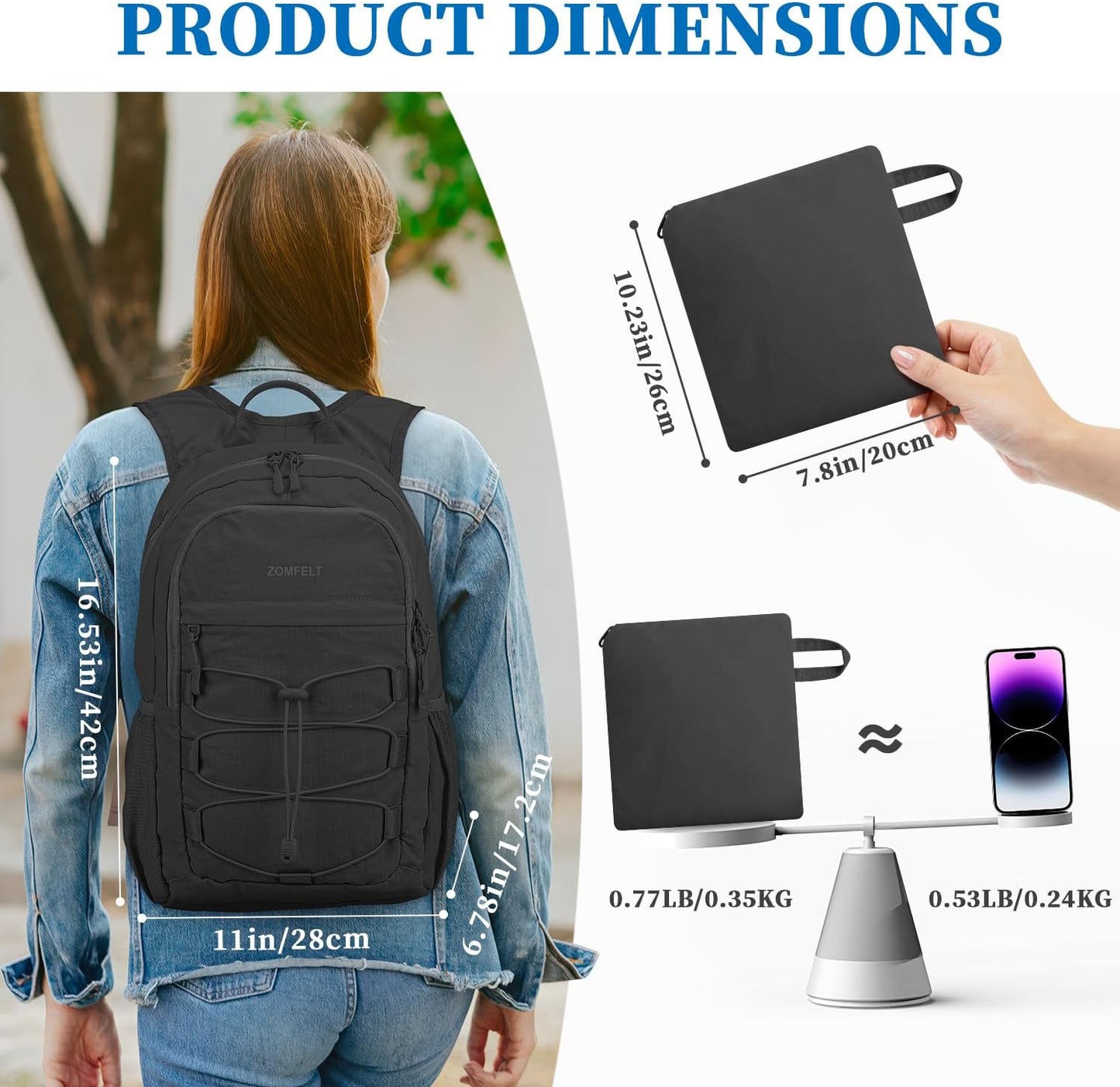 ZOMFELT Hiking Backpack for Women Men, 20L Lightweight Packable Backpack for Trip, Water Resistant Small Travel Backpacks, Foldable daypack for Hiking, Walking, Cycling, Camping, Black - Roamly