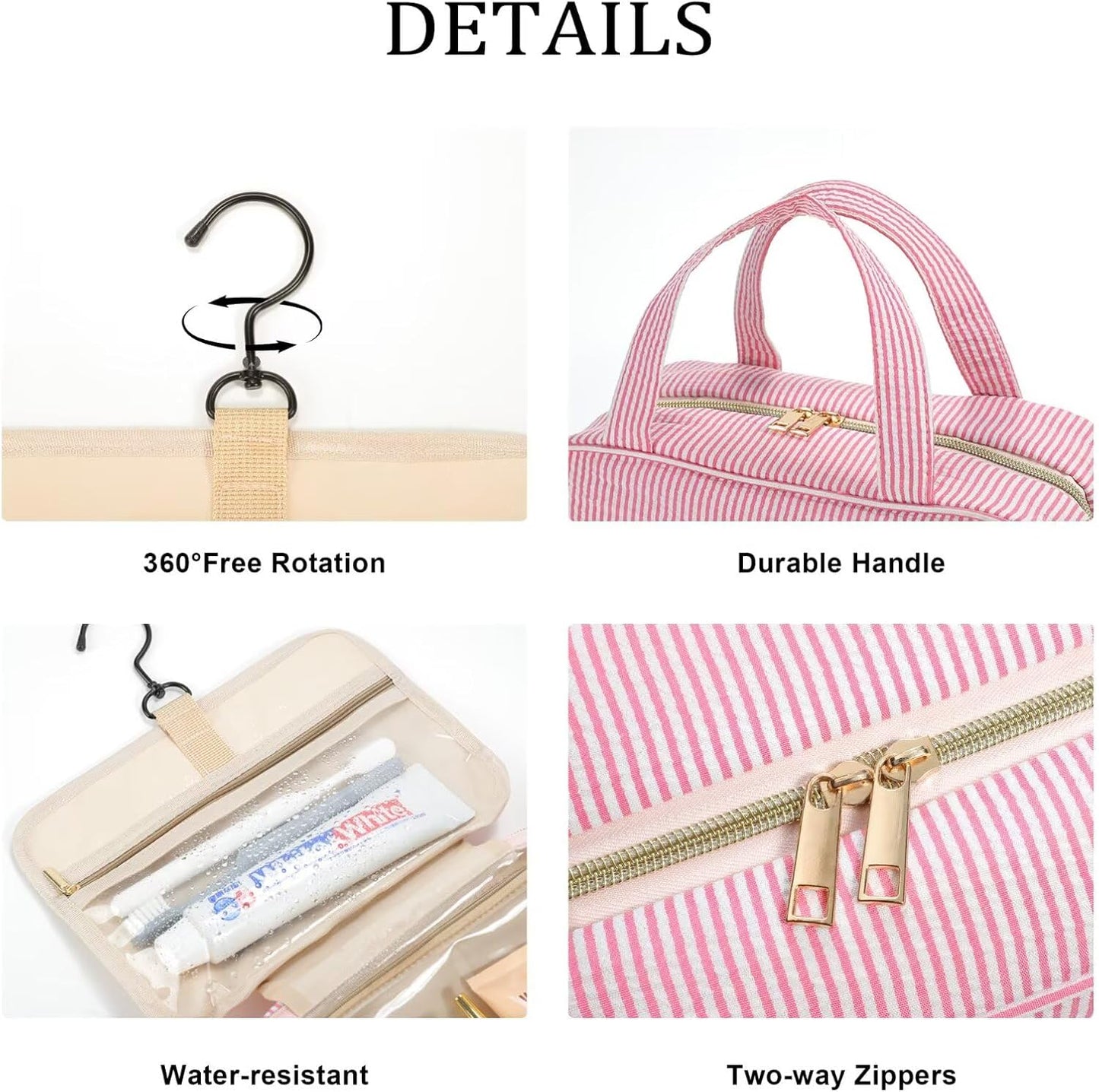 YOOLIFE Travel Toiletry Bag Makeup Bag - Hanging Toiletry Bag for Women, Portable Toiletries Travel Bag and Cosmetic Bag, Airplane Travel Essentials Travel Toiletry Bag - Letter J, Pink