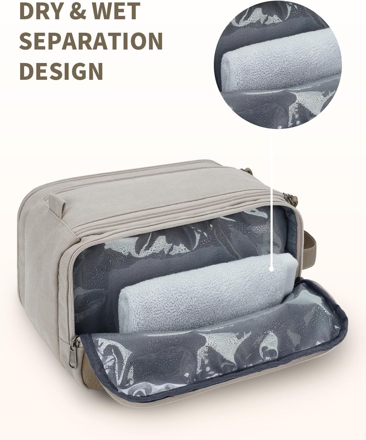 WANDF Toiletry Bag for Men Travel Toiletry Organizer Canvas and Leather Dopp Kit Water-Resistant Shaving Bag for Travel Accessories (Cream Beige, Large) - Roamly