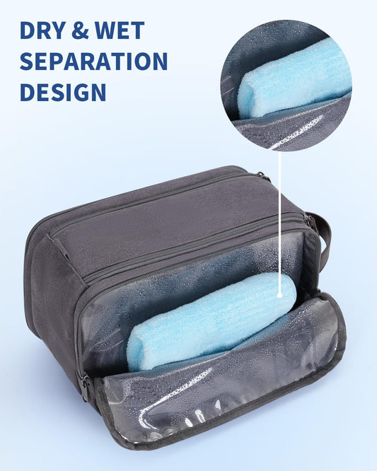 WANDF Toiletry Bag for Men Travel Toiletry Organizer Canvas and Leather Dopp Kit Water-Resistant Shaving Bag for Travel Accessories (Grey, Large) - Roamly