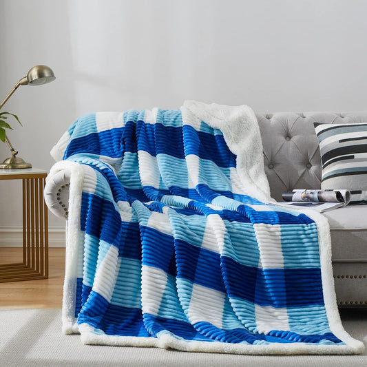 PU MEI Sherpa Blanket Twin Plaid Thick Bed Blanket, 60”*80” Super Soft Flannel Fuzzy Fleece Reversible Velvet Plush Warm Blanket for Couch (Blue Check, 60"*80")