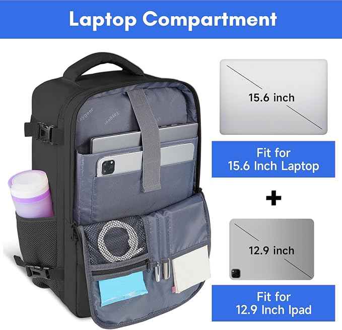 Taygeer Travel Laptop Backpack for Men Women, Airplane Approved Travel Backpack Suitcase with Water Bottle Pocket, Lightweight College 35l Luggage Bag 15.6inch Laptop Mochila Gifts for Business,Black