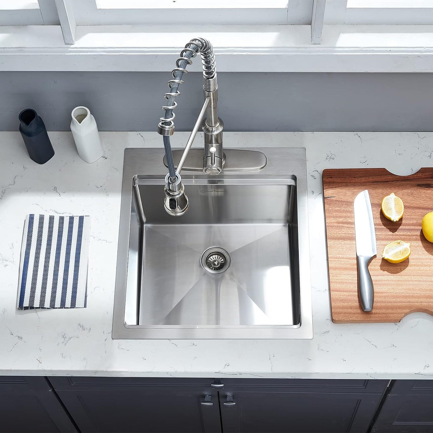 Kitchen Sink, 17 x 19 Inch Drop-in Bar Sink Stainless Steel Topmount Kitchen Sink Single Bowl Workstation Sink with Cutting Board