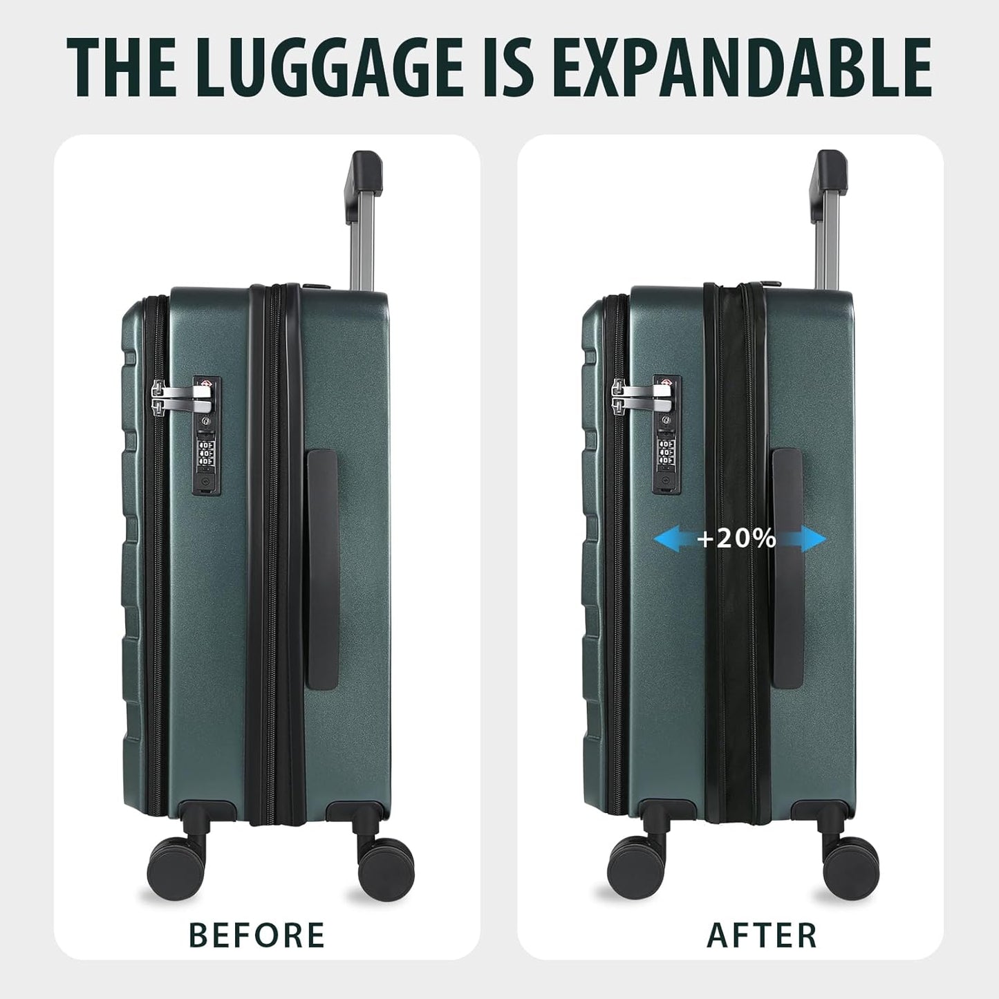 KROSER Carry On Luggage with Spinner Wheels & Built-in TSA Lock, Expandable Top Loading Hard Shell Suitcase Large Capacity Durable Rolling Luggage with USB Port, Carry-On 20-Inch, Dark Green - Roamly