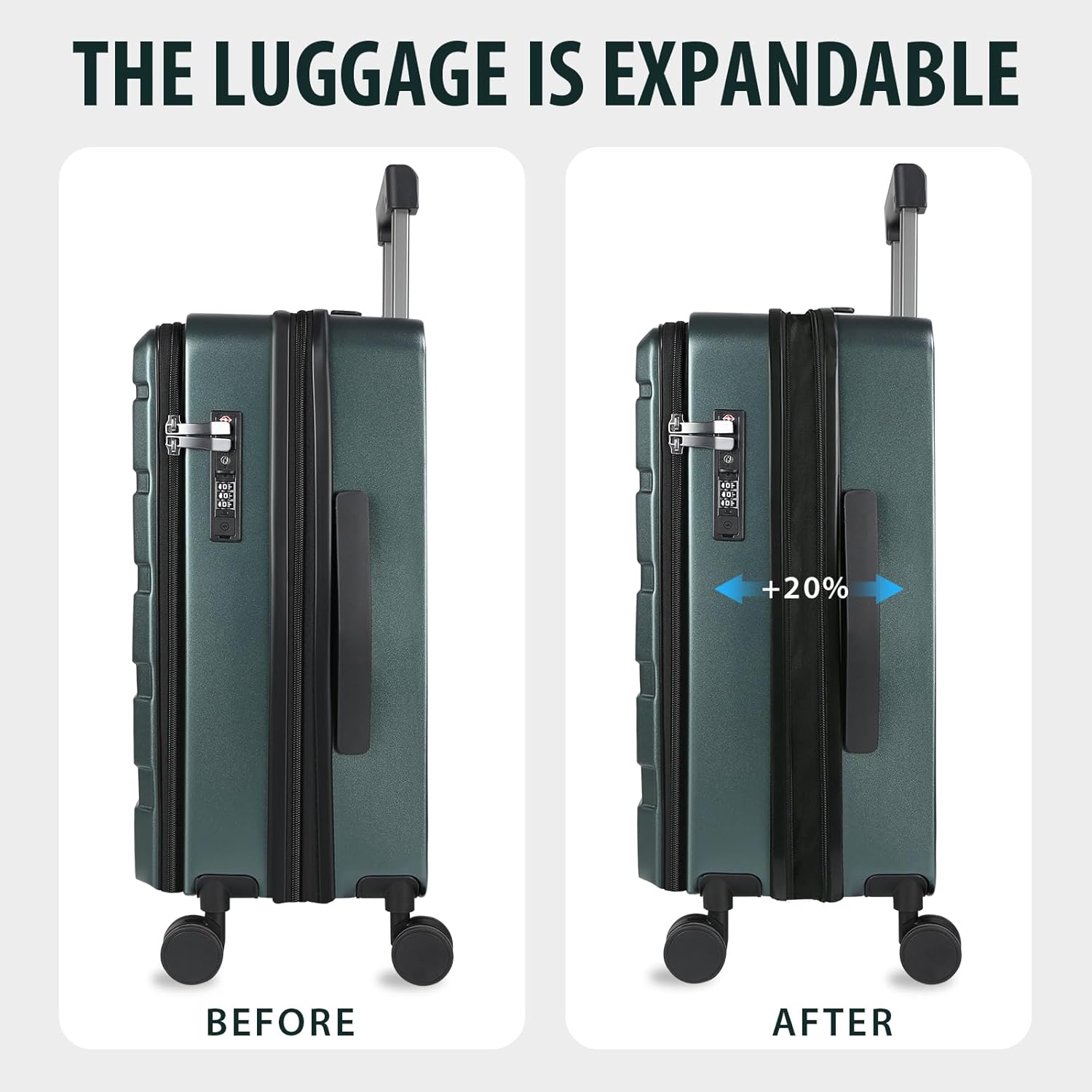 KROSER Carry On Luggage with Spinner Wheels & Built-in TSA Lock, Expandable Top Loading Hard Shell Suitcase Large Capacity Durable Rolling Luggage with USB Port, Carry-On 20-Inch, Dark Green - Roamly