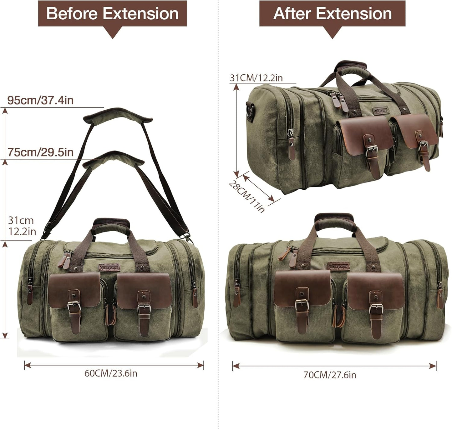 Wildroad 60L Travel Duffel Bag, Expandable Canvas Genuine Leather Duffle Bag Upgraded Overnight Weekender Bag Carry on Bag - Roamly