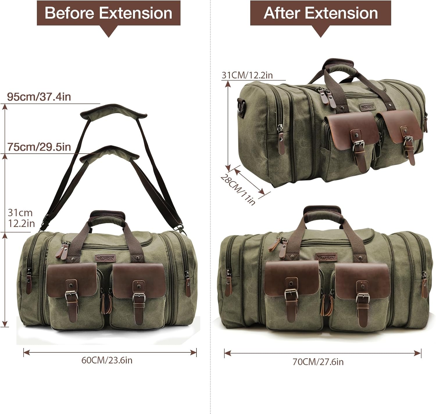 Wildroad 60L Travel Duffel Bag, Expandable Canvas Genuine Leather Duffle Bag Upgraded Overnight Weekender Bag Carry on Bag - Roamly