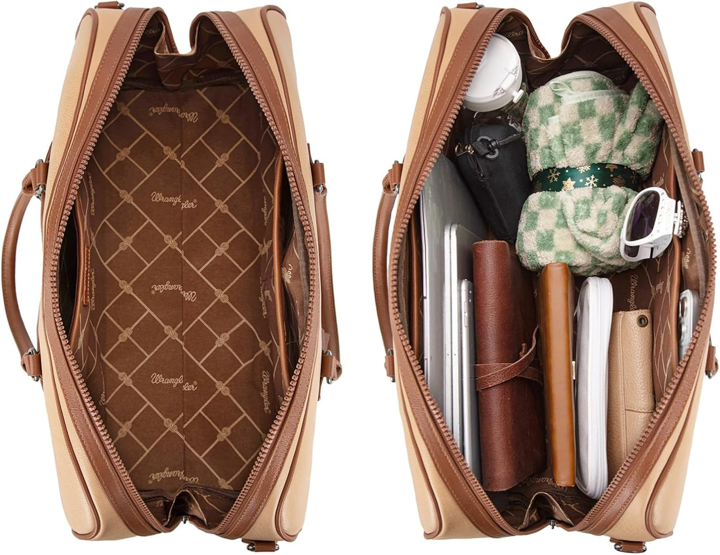 Wrangler Travel Duffel Bag Large Weekender Bag for Women Designer Carry on Overnight Bag for Trips Leather Luggage Bag Tan - Roamly