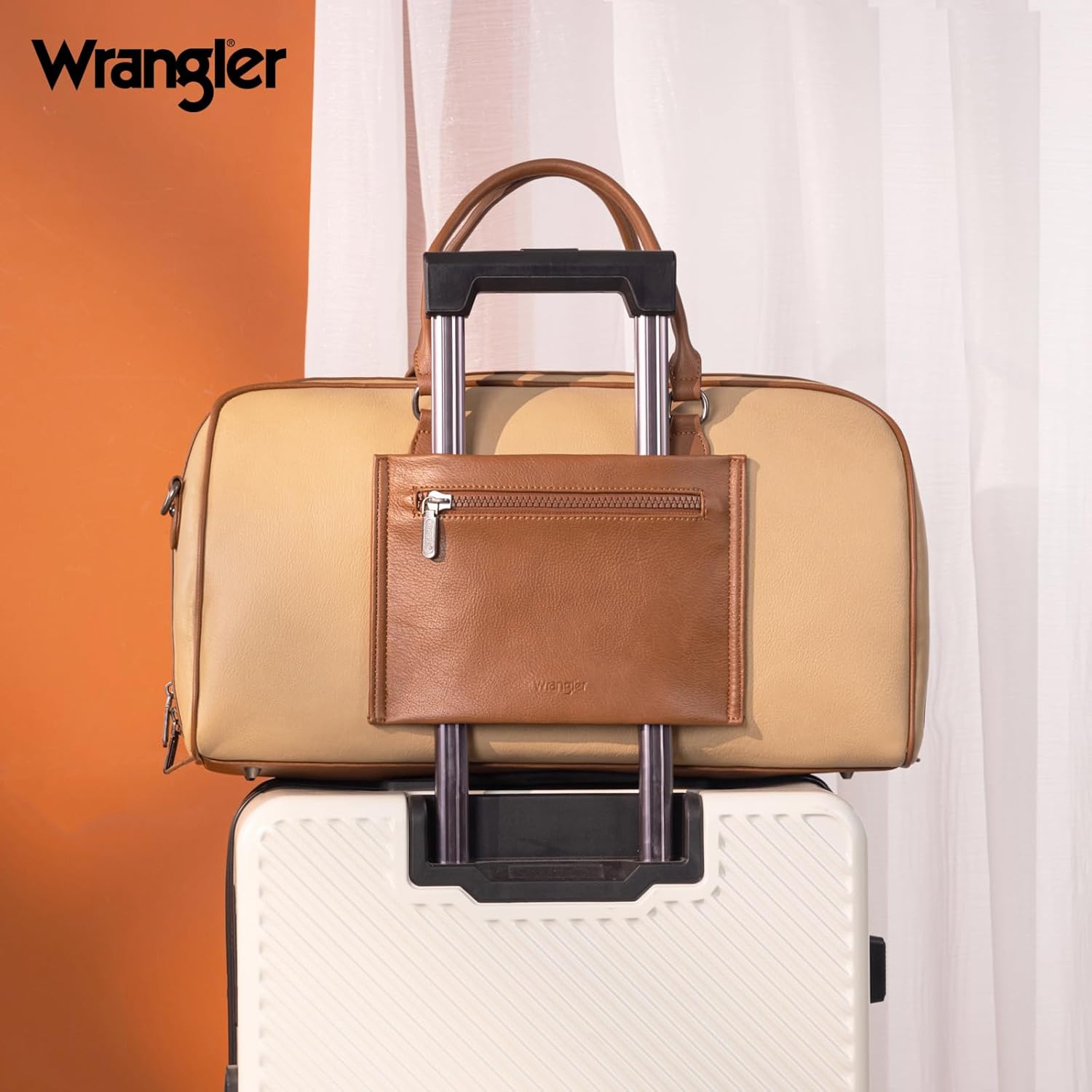 Wrangler Travel Duffel Bag Large Weekender Bag for Women Designer Carry on Overnight Bag for Trips Leather Luggage Bag Tan - Roamly