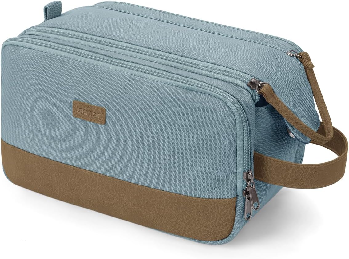 WANDF Toiletry Bag for Men Travel Toiletry Organizer Canvas and Leather Dopp Kit Water-Resistant Shaving Bag for Travel Accessories (Pale Blue, Large) - Roamly