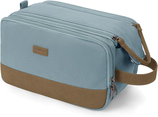 WANDF Toiletry Bag for Men Travel Toiletry Organizer Canvas and Leather Dopp Kit Water-Resistant Shaving Bag for Travel Accessories (Pale Blue, Large) - Roamly