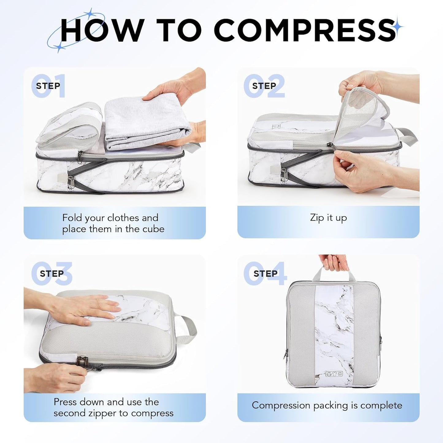 10 Set Compression Packing Cubes for Travel Essentials,Compressible Expandable Packing Cubes for Suitcase,OlarHike Luggage Organizer Bags for Travel,Handy Helper for Organizing Clothes(White Marble) - Roamly