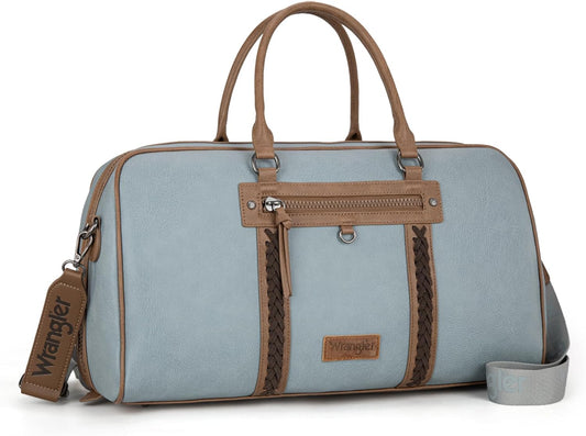 Wrangler Travel Duffel Bag Large Weekender Bag for Women Designer Carry on Overnight Bag for Trips Leather Luggage Bag Jean WG185-5110JN - Roamly