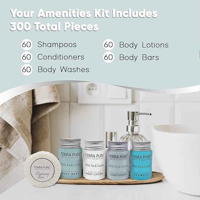 Terra Pure White Tea & Coconut Toiletries Set | 1-Shoppe Amenities Kit | 1oz Shampoo & Conditioner, Body Wash, Lotion, 1.25oz Bar Soap | Travel Size | 300 Pieces