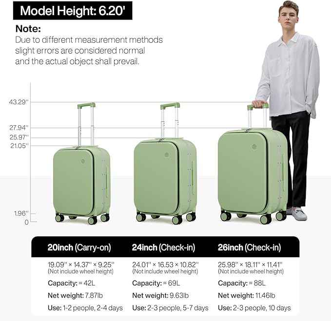 mixi 26 Inch Large Checked Luggage PC Hard Shell Suitcase Top Opening Aluminum Frame Travel Suitcases with Wheels, Avocado Green
