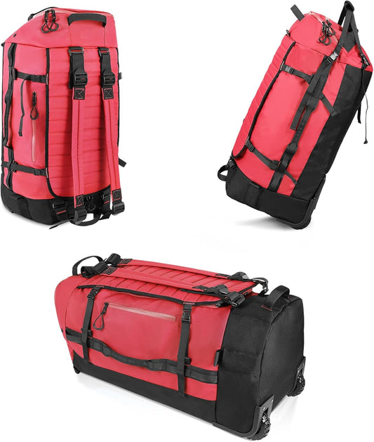 Vomgomfom 86L Collapsible Wheeled Luggage With Removable Backpack Straps,Waterproof Rolling Duffle Bag with Quilted Base,No Telescope Handle,Red - Roamly