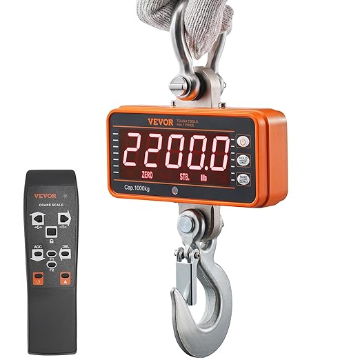 VEVOR Crane Scale, Hanging Scale Industrial Heavy Duty, Digital Crane Scale with Remote Control, Cast Aluminum Case & LED Screen, 2200 lbs/1000 kg,High Precision for Construction, Factory, Farm