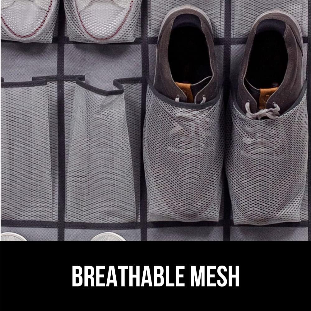 GORILLA GRIP Over the Door Shoe Organizer, 2 Pack, 24 Breathable Mesh Pockets, Space Saving Hanging Storage Holder, Closet Rack Hanger Holds Up to 40 lbs, Hangs on Closets, Shoes, Accessories, Gray