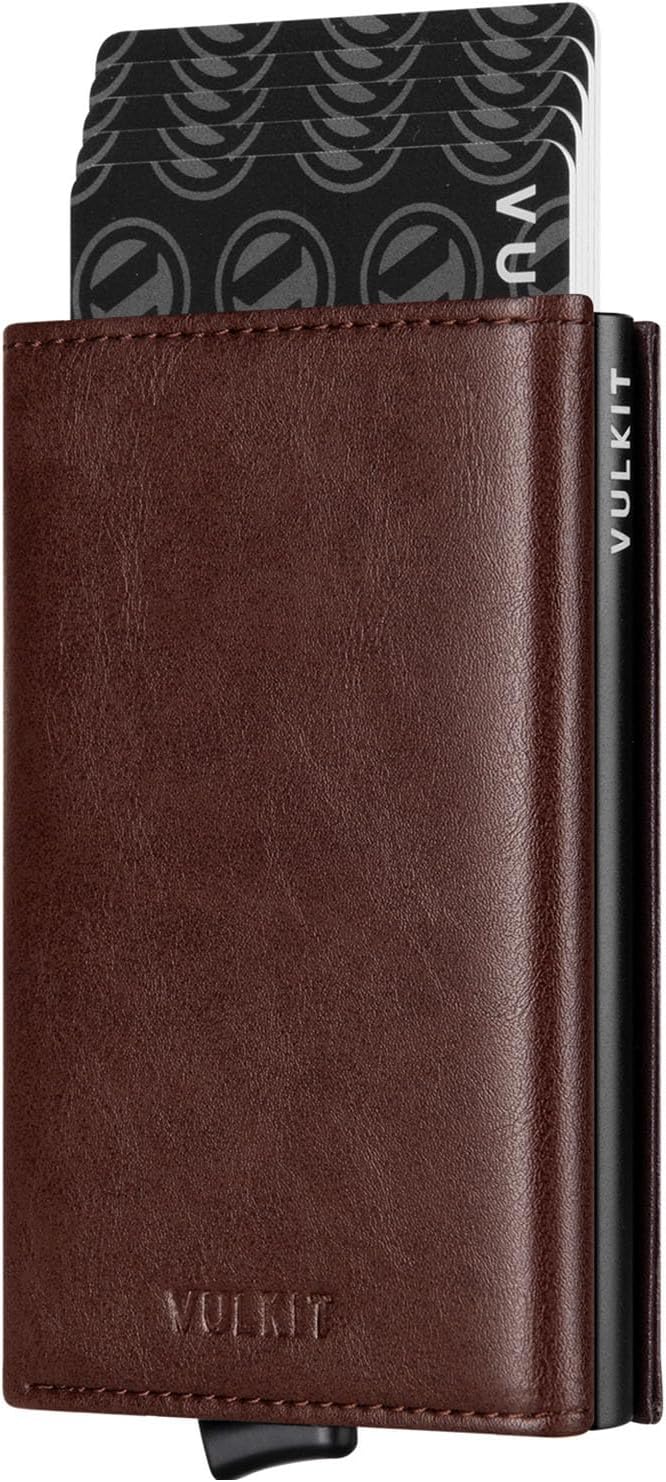 VULKIT Pop up Card Wallet Minimalist Cash Wallets RFID Blocking Leather Smart Credit Card Holder with ID window for Men(Espresso)
