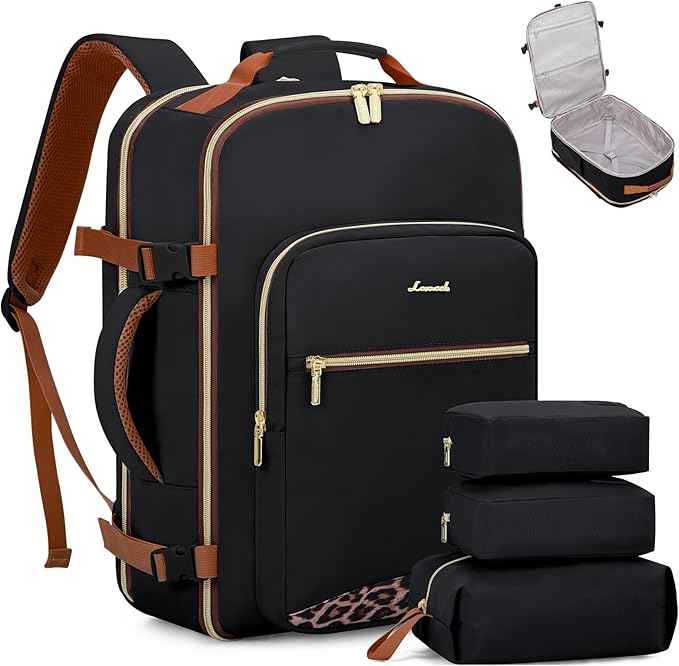 LOVEVOOK Travel Backpack for Women & Men 50L,Airline Approved Carry On Backpack Travel Essentials,TSA Carry on Luggage,Waterproof Personal Item Travel Bag Suitcase,3 Packing Cubes,Black-Leopard print