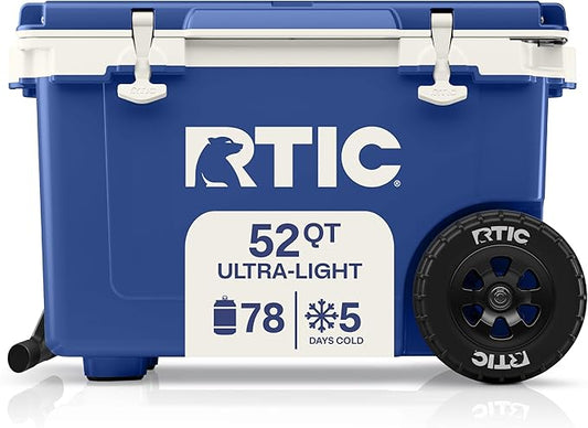 RTIC 52 Quart Ultra-Light Wheeled Hard Cooler Insulated Portable Ice Chest Box for Beach, Drink, Beverage, Camping, Picnic, Fishing, Boat, Barbecue, 30% Lighter Than Rotomolded Coolers