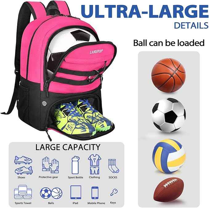 LARIPOP Soccer Backpack Soccer Bag with Ball Holder & Shoe Compartment Youth Sports Equipment Training Bag