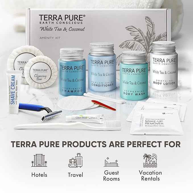 Terra Pure White Tea & Coconut Amenity & Accessory Kit |1oz Travel Size Shampoo, Conditioner, Lotion, Body Wash, 2 Cleansing Bars, Shave & Dental Sets, Make-Up Remover Wipes, & Vanity Kit | 60 Boxes