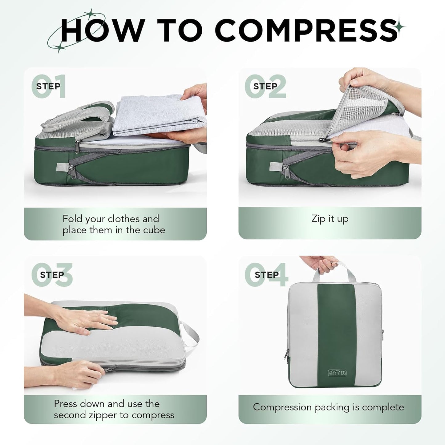 10 Set Compression Packing Cubes for Travel Essentials,Compressible Expandable Packing Cubes for Suitcase,OlarHike Luggage Organizer Bags for Travel,Handy Helper for Organizing Clothes(Dark Green) - Roamly