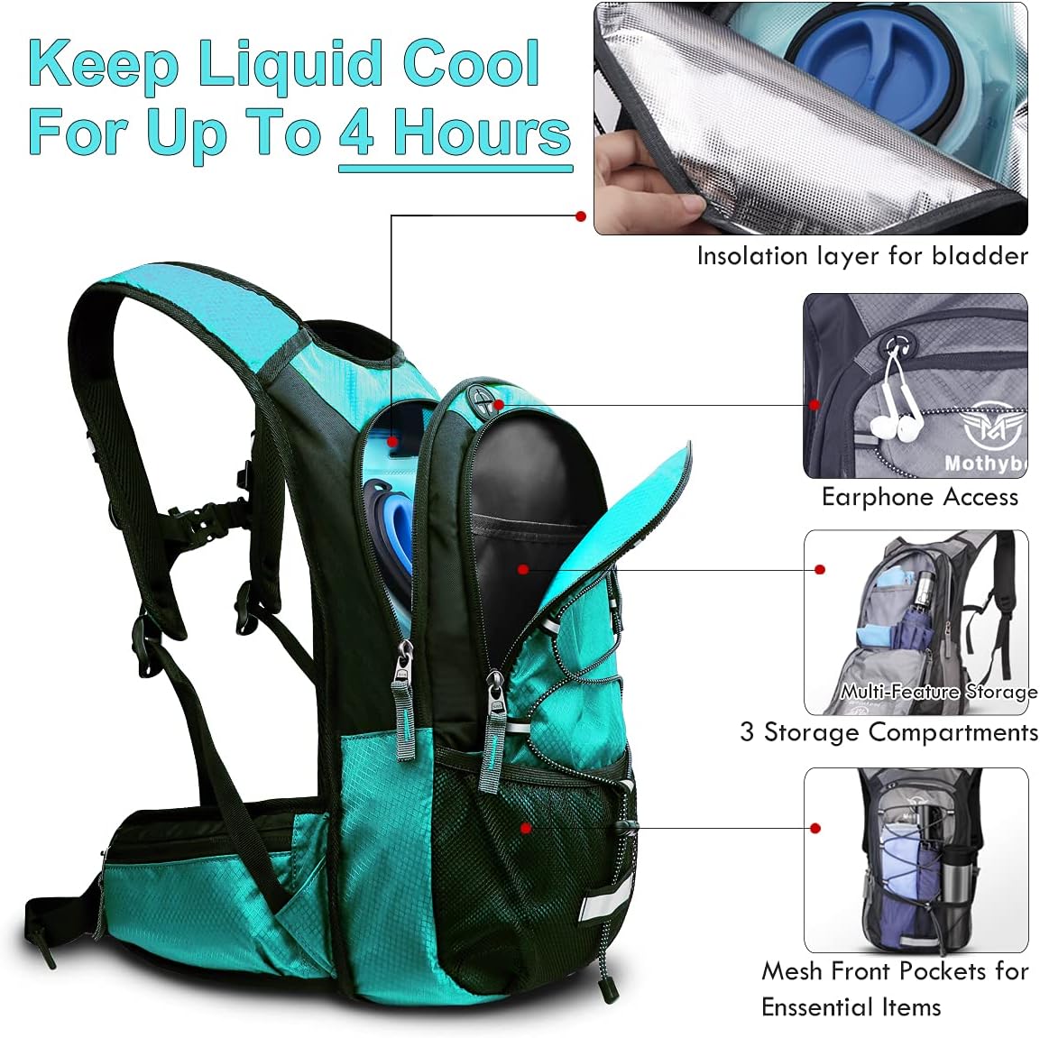 Insulated Hydration Backpack Pack with 3L BPA Free Leak Proof Water Bladder, Large Storage Lightweight Hiking Daypack with Waist Pouches & Cooler Layer, for Running, Biking, Camping, Festival - Roamly