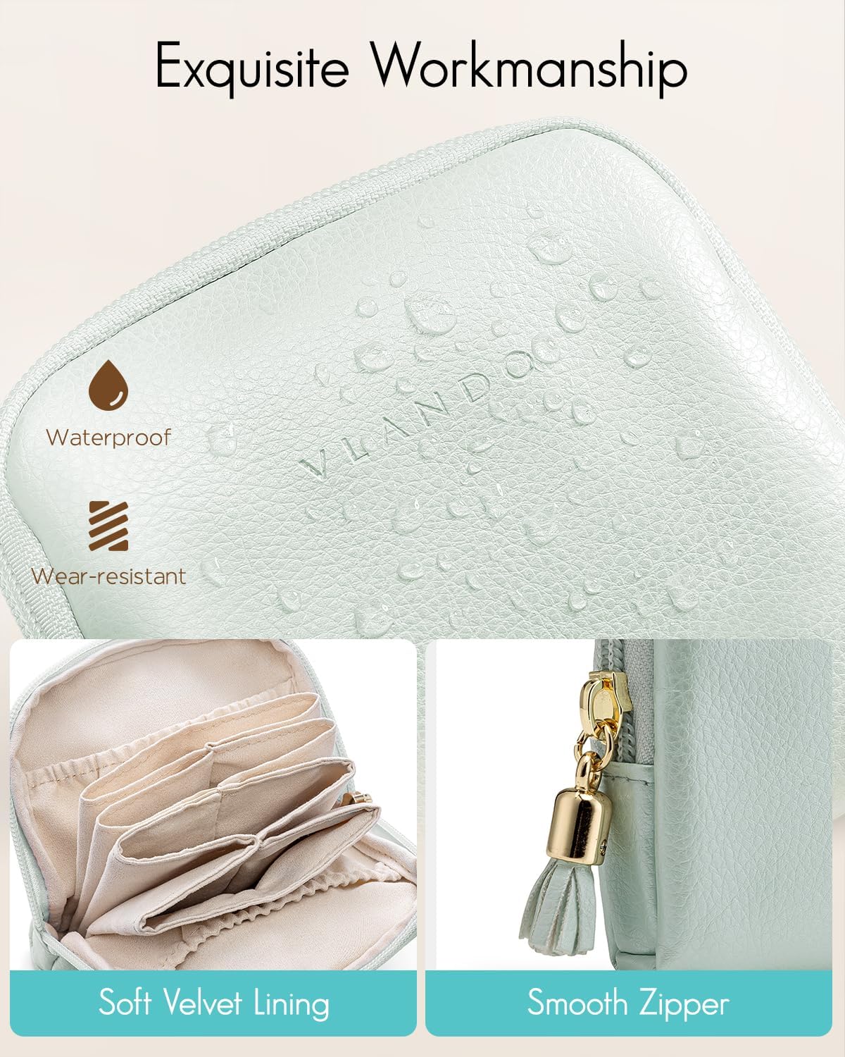 Vlando Small Jewelry Travel Case,Jewelry Pouch Bags with Zipper,Velvet Jewelry Organizer Storage Bag for Bracelet Rings Earring Travel Essentials Gifts for Women Girl-Mint Green