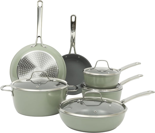 Sur La Table Kitchen Essentials Cool Commune Hard Anodized 10 Piece PFA Free Ceramic Non stick Interior Forged Durable Aluminum Pots and Pans Cookware Set - Green - Induction Compatible