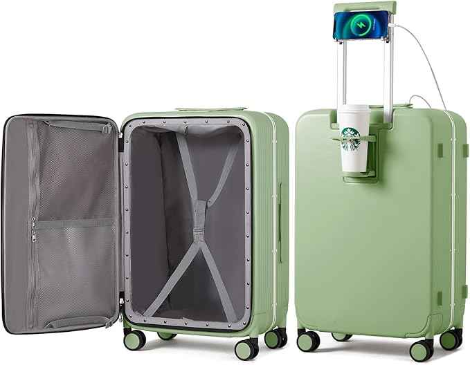 mixi Large Checked Luggage with Cup Phone Holder and Charger Hard Shell Suitcases with Spinner Wheels, 26 Inch Avocado Green