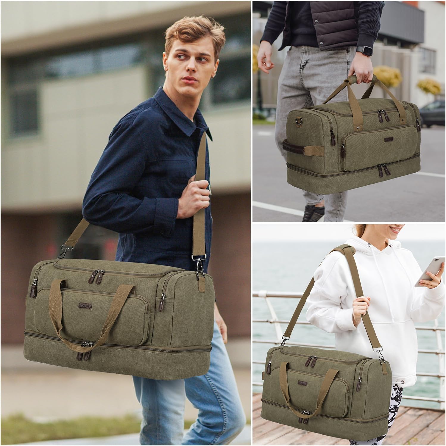 ZOMFELT Duffle Bag for travel, 40L Canvas Travel Duffel Bags for Men Women, Water Resistant Overnight Weekender Bag with Toiletry Bag & Shoe Compartment, Carry on Luggage Bag for Travel, Gym, Green - Roamly