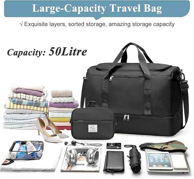 Large Travel Duffle Bag,Carry on Overnight Weekend Bag with Shoes Compartment,Weekender Bags for Women for Travel Business Trips Sport Hospital,2Pcs,Black
