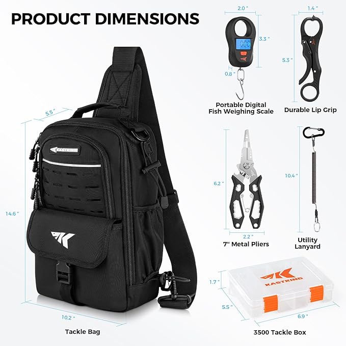 KastKing Everyday Essential Fishing Sling Bag & Tool Set, Fishing Scale & 3500-Tackle Box Waterproof, 7" Fishing Pliers, Lip Gripper - Fishing Gear and Gift for Men