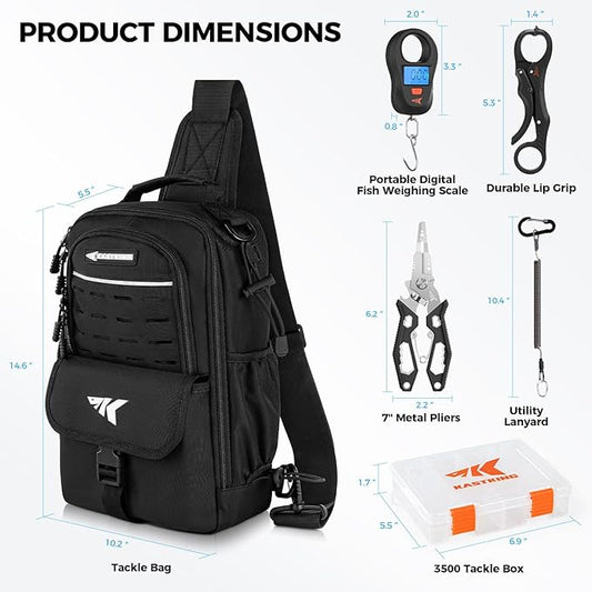 KastKing Everyday Essential Fishing Sling Bag & Tool Set, Fishing Scale & 3500-Tackle Box Waterproof, 7" Fishing Pliers, Lip Gripper - Fishing Gear and Gift for Men