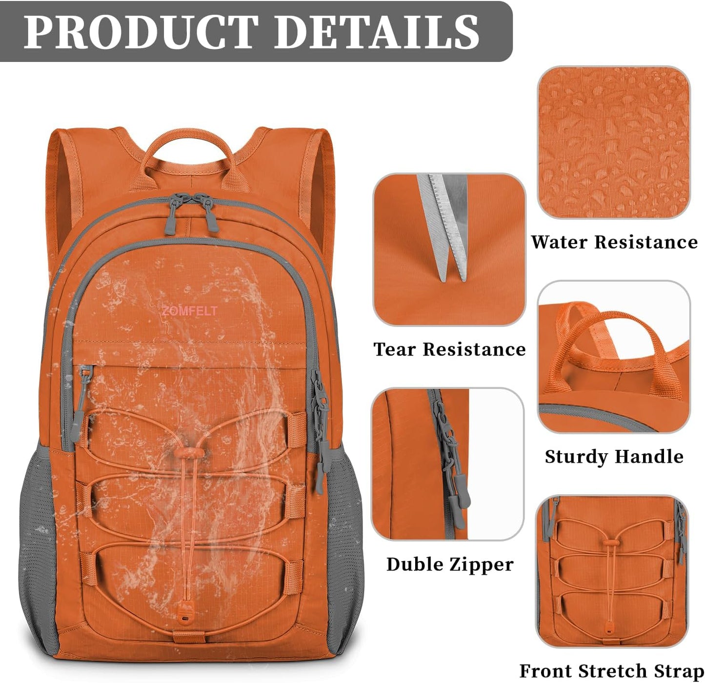 ZOMFELT Hiking Backpack for Women Men, 15L Lightweight Packable Backpacks for Trip, Water Resistant Small Travel Backpack, Foldable daypack for Hiking, Walking, Cycling, Camping, Orange - Roamly