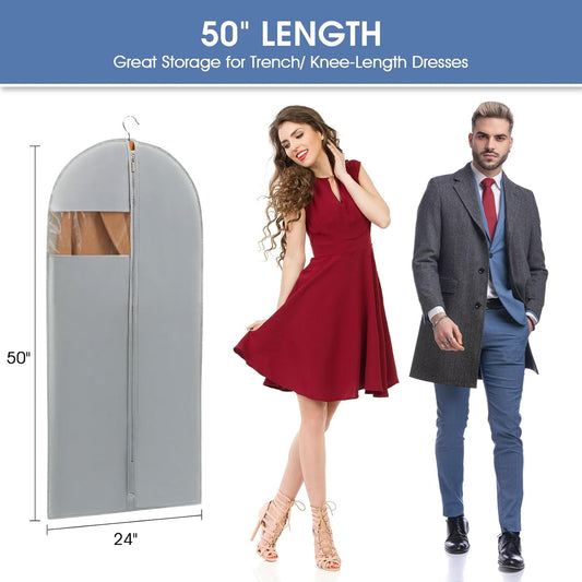 50" Garment Bag, Mens Suit Bags for Closet Storage and Travel, Garment Bags for Hanging Clothes, Foldable Suit Cover Bags with Clear Window for Coats, Jackets, Dresses - Gray/ 5 Packs