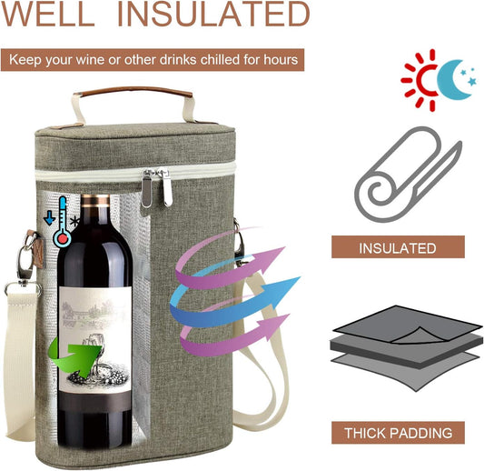 ZORMY 2 Bottle Insulated Wine Carrier Bag for Travel, Wine Carrier Tote Cooler Bag with Shoulder Strap & Corkscrew Opener, Perfect Wine Lover's Gift, Great for Picnics and Outdoor Entertaining