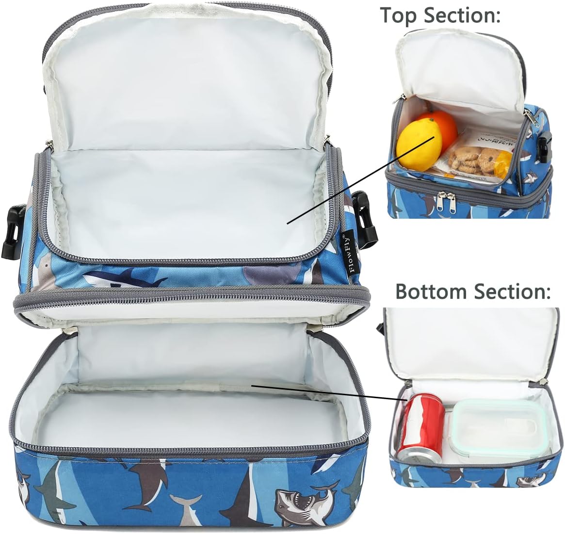 FlowFly Kids Double Decker Cooler Insulated Lunch Bag Large Tote for Boys, Girls, Men, Women, With Adjustable Strap, Shark