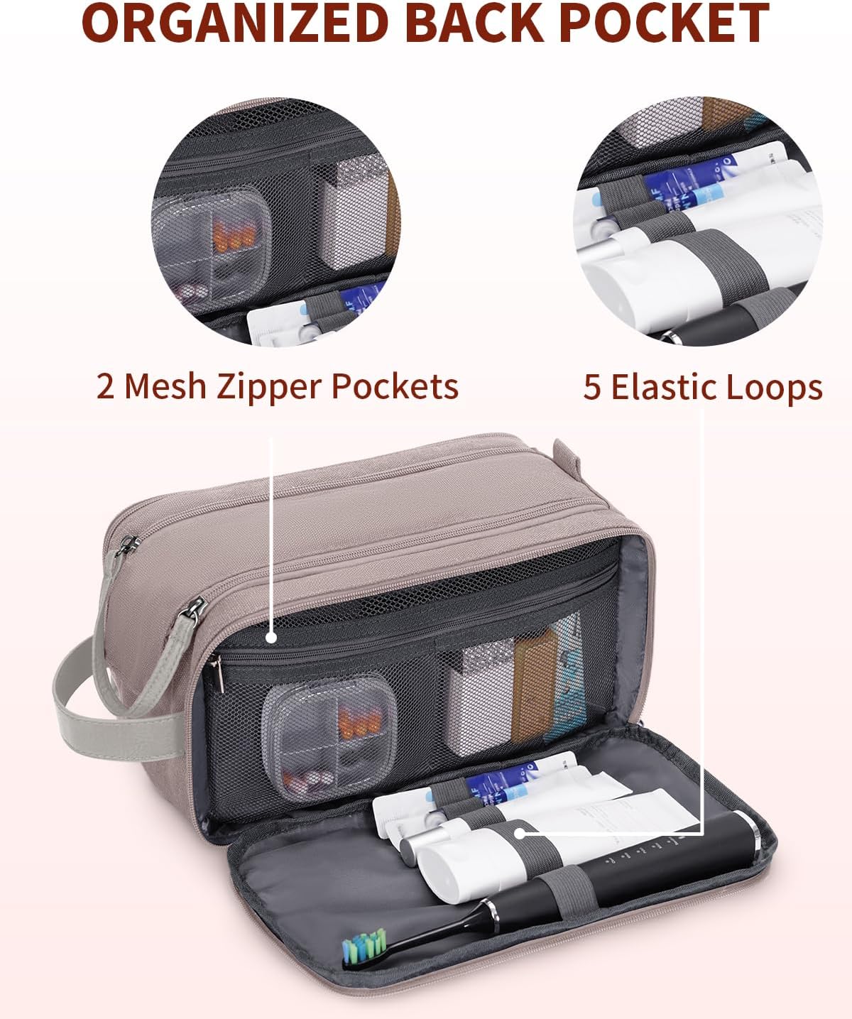 WANDF Toiletry Bag for Men Travel Toiletry Organizer Canvas and Leather Dopp Kit Water-Resistant Shaving Bag for Travel Accessories (Light Pink, Large) - Roamly